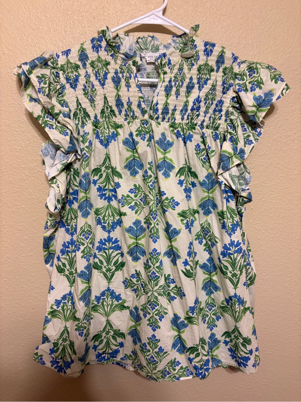 Women's Blue & Green Floral Smocked Top